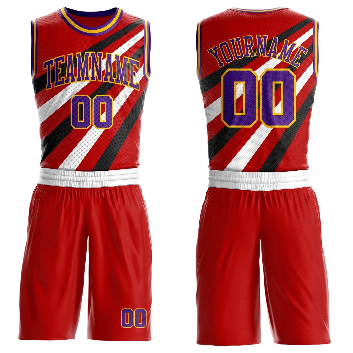Custom Red Purple Black-Gold Diagonal Stripe Round Neck Sublimation Basketball Uniform Jersey