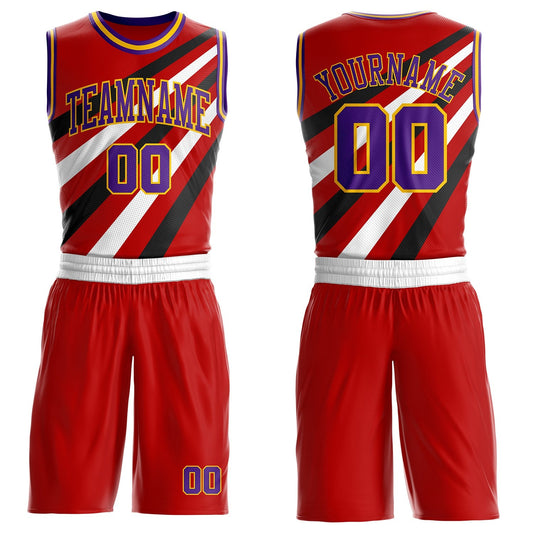 Custom Red Purple Black-Gold Diagonal Stripe Round Neck Sublimation Basketball Uniform Jersey