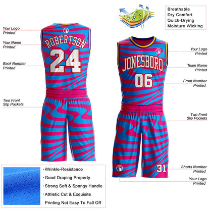 Custom Hot Pink White Blue Red Purple-Gold Wave Stripe Fluid Round Neck Sublimation Basketball Uniform Jersey