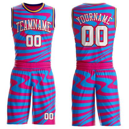 Custom Hot Pink White Blue Red Purple-Gold Wave Stripe Fluid Round Neck Sublimation Basketball Uniform Jersey