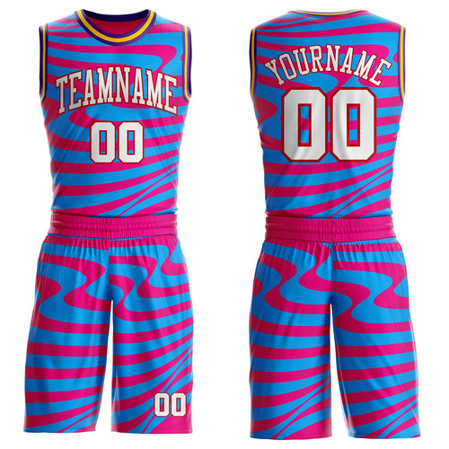 Custom Hot Pink White Blue Red Purple-Gold Wave Stripe Fluid Round Neck Sublimation Basketball Uniform Jersey