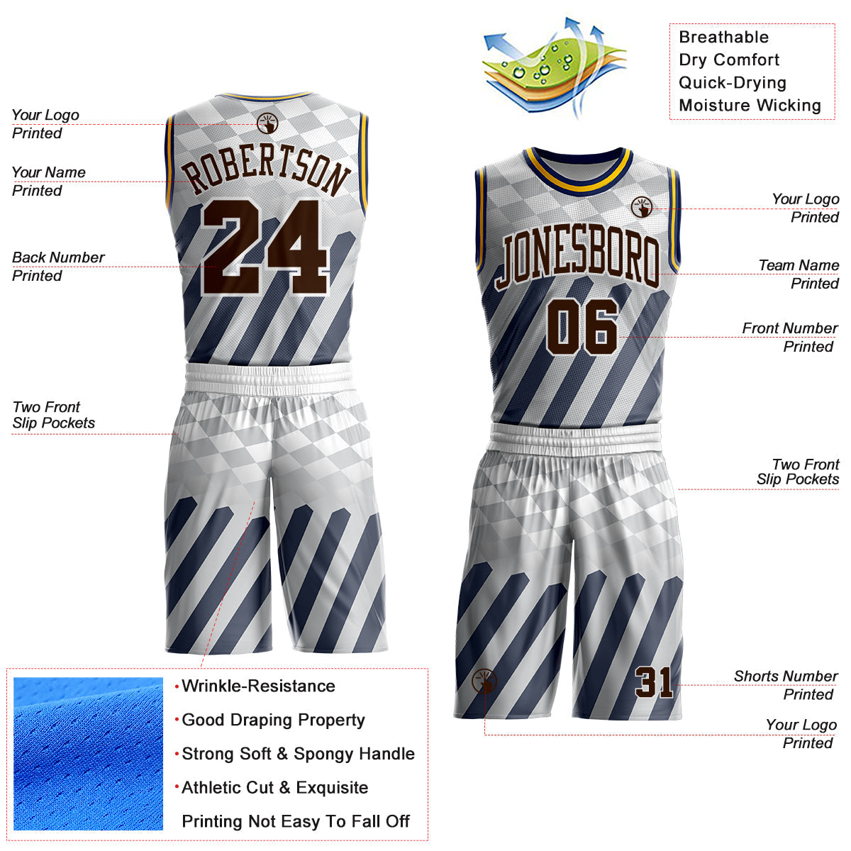 Custom White Brown Gray Navy-Yellow Checkerboard Diagonal Stripe Round Neck Sublimation Basketball Uniform Jersey