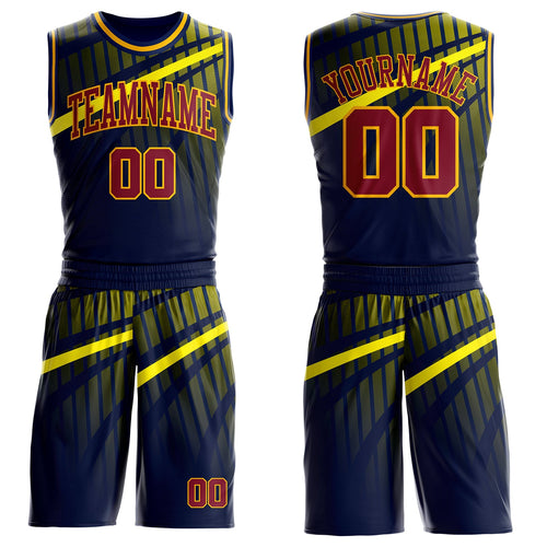 Custom Blue Crimson Gold-Navy Gradient Grid Stripe Round Neck Sublimation Basketball Uniform Jersey