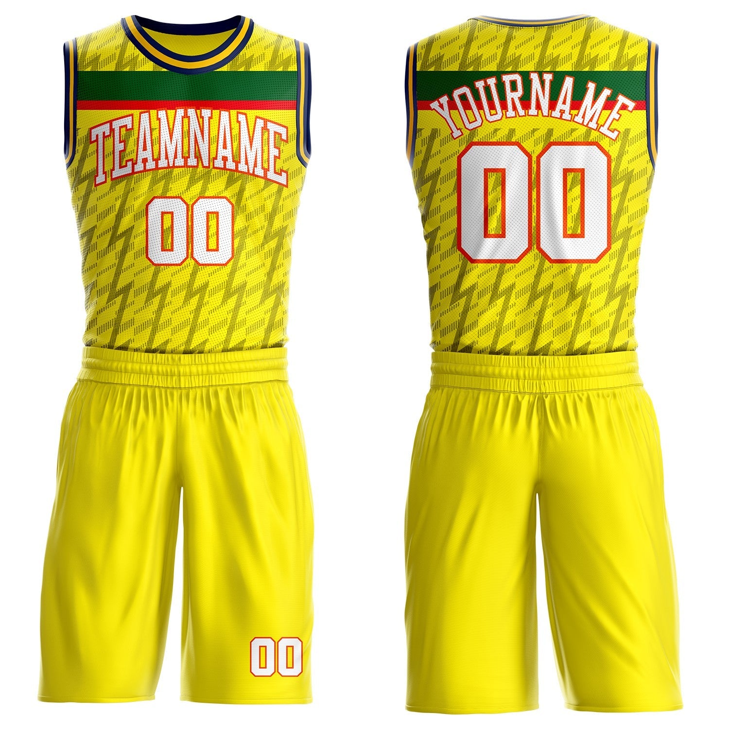 Custom Yellow White Green Gray Orange-Navy Lightning Stripe Round Neck Sublimation Basketball Uniform Jersey