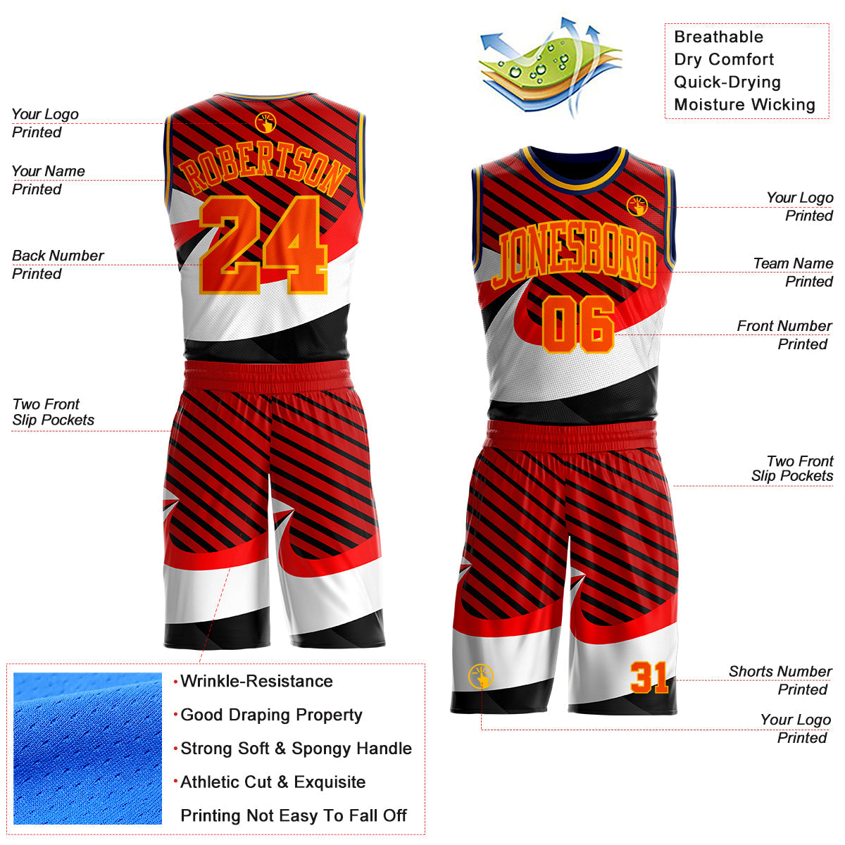 Custom Red Orange Black Gold-Navy Wave Stripe Round Neck Sublimation Basketball Uniform Jersey