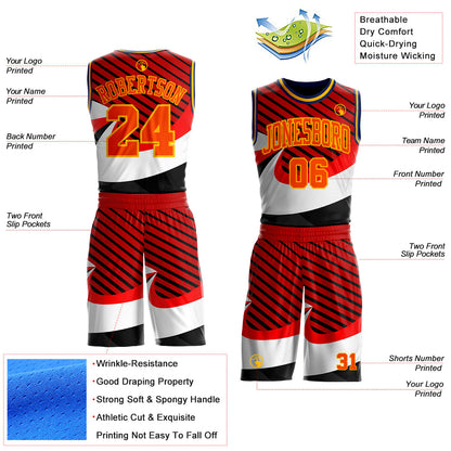 Custom Red Orange Black Gold-Navy Wave Stripe Round Neck Sublimation Basketball Uniform Jersey