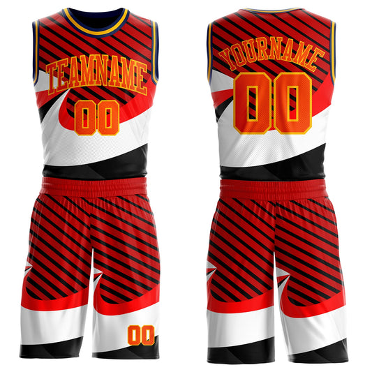 Custom Red Orange Black Gold-Navy Wave Stripe Round Neck Sublimation Basketball Uniform Jersey