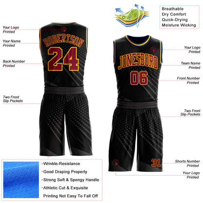 Custom Black Crimson Gray Gold Navy-Yellow Gradient Grid Stripe Round Neck Sublimation Basketball Uniform Jersey