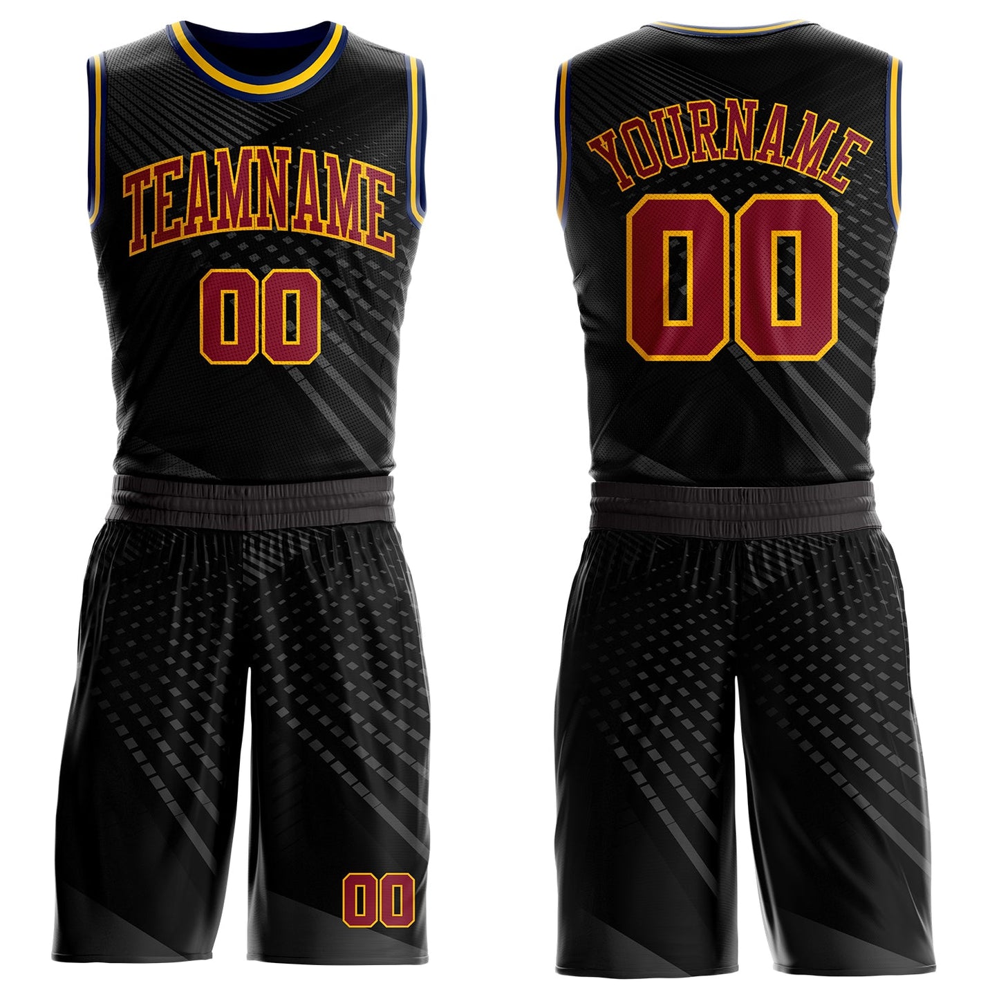 Custom Black Crimson Gray Gold Navy-Yellow Gradient Grid Stripe Round Neck Sublimation Basketball Uniform Jersey