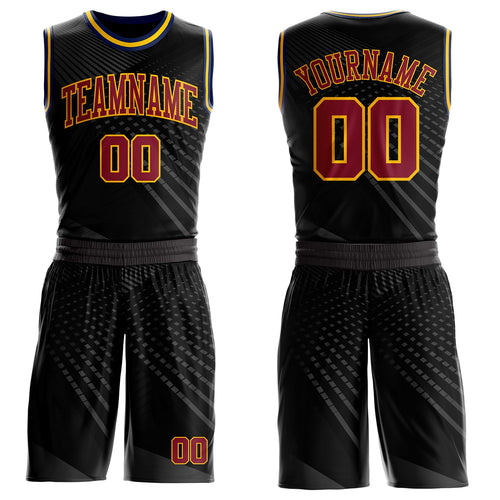 Custom Black Crimson Gray Gold Navy-Yellow Gradient Grid Stripe Round Neck Sublimation Basketball Uniform Jersey