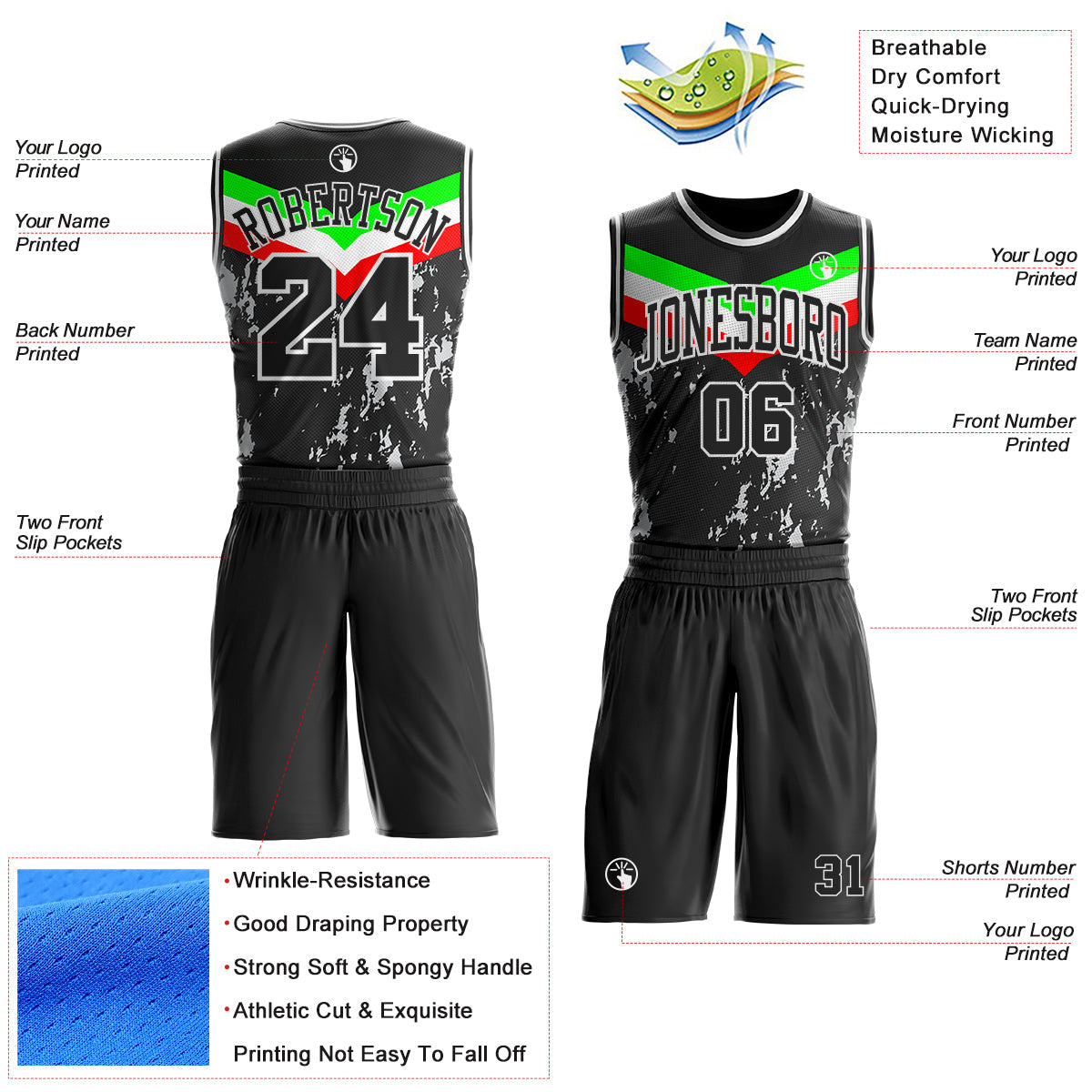 Custom Black Neon Green Red-White Geometric Chevron Stripe Paint Splatter Round Neck Sublimation Basketball Uniform Jersey