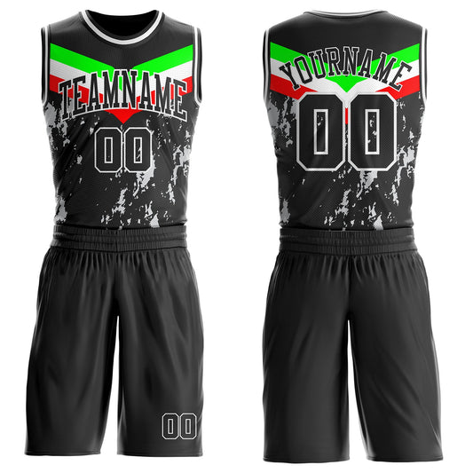 Custom Black Neon Green Red-White Geometric Chevron Stripe Paint Splatter Round Neck Sublimation Basketball Uniform Jersey