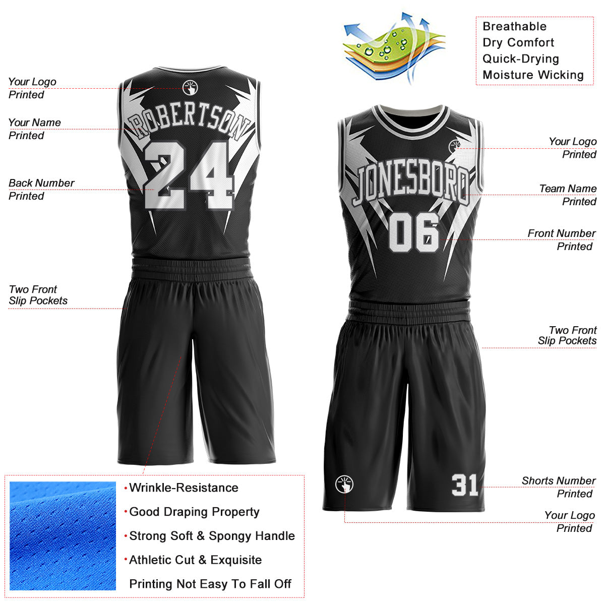 Custom Black White-Steel Gray Wing Boho Style Round Neck Sublimation Basketball Uniform Jersey