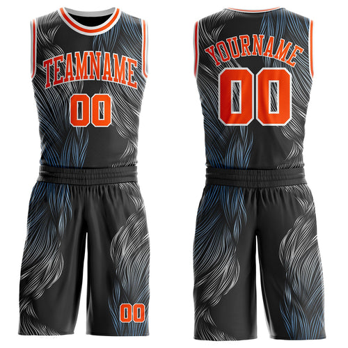 Custom Black Orange-White Abstract Feather Boho Style Round Neck Sublimation Basketball Uniform Jersey