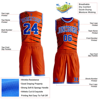 Custom Orange Thunder Blue-White Wing Stripe Boho Style Round Neck Sublimation Basketball Uniform Jersey