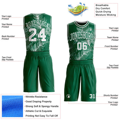 Custom Kelly Green-White Feather Wing Boho Style Round Neck Sublimation Basketball Uniform Jersey