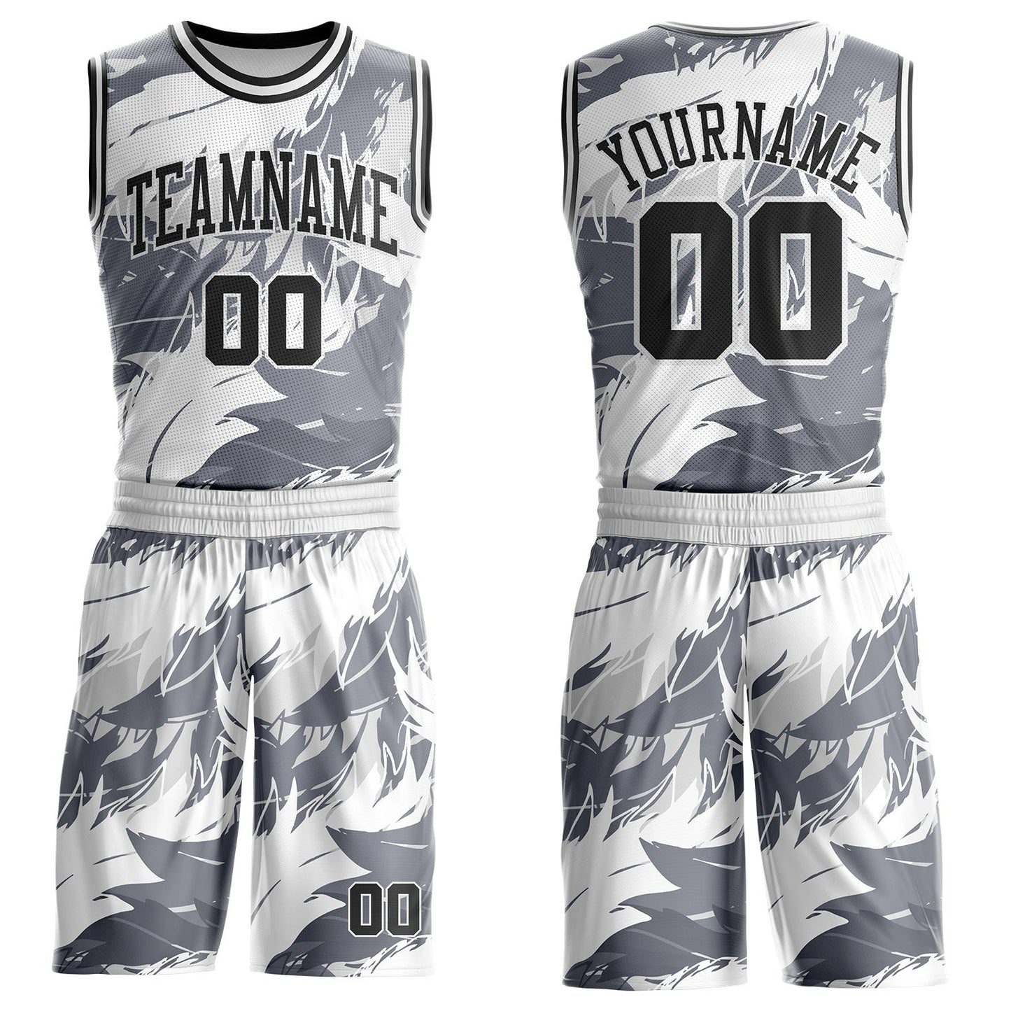 Custom White Black-Gray Feather Wing Boho Style Round Neck Sublimation Basketball Uniform Jersey