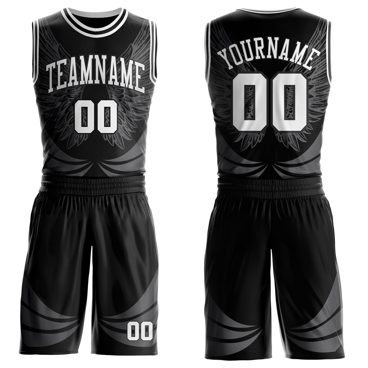 Custom Black-White Feather Wing Boho Style Round Neck Sublimation Basketball Uniform Jersey