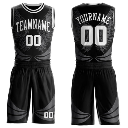 Custom Black-White Feather Wing Boho Style Round Neck Sublimation Basketball Uniform Jersey