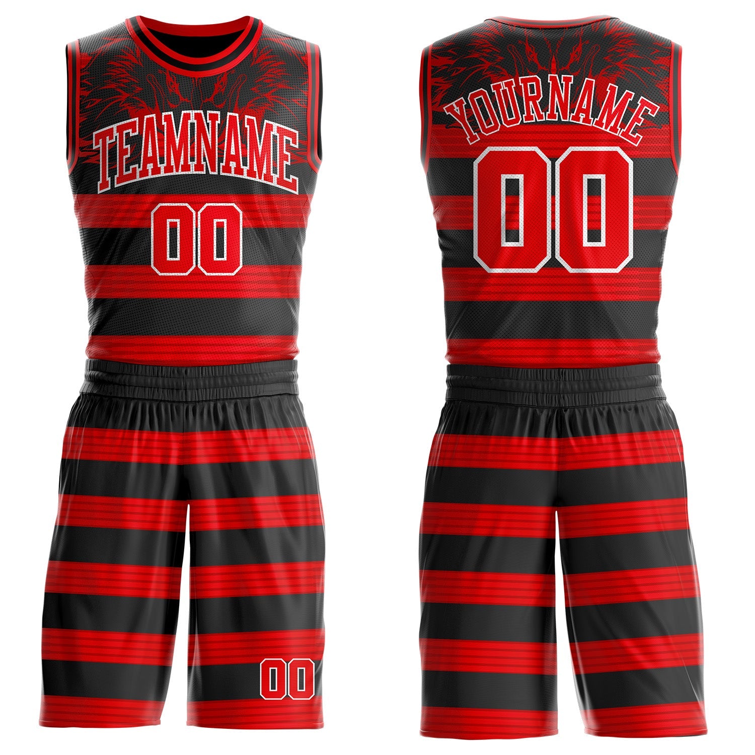 Custom Black Fire Red-White Wing Stripe Boho Style Round Neck Sublimation Basketball Uniform Jersey