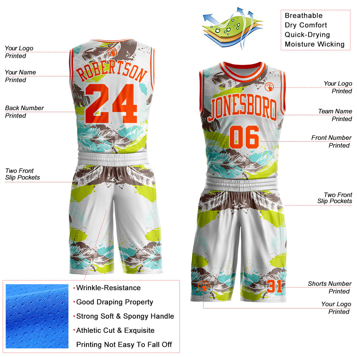 Custom White-Orange Feather Boho Style Round Neck Sublimation Basketball Uniform Jersey