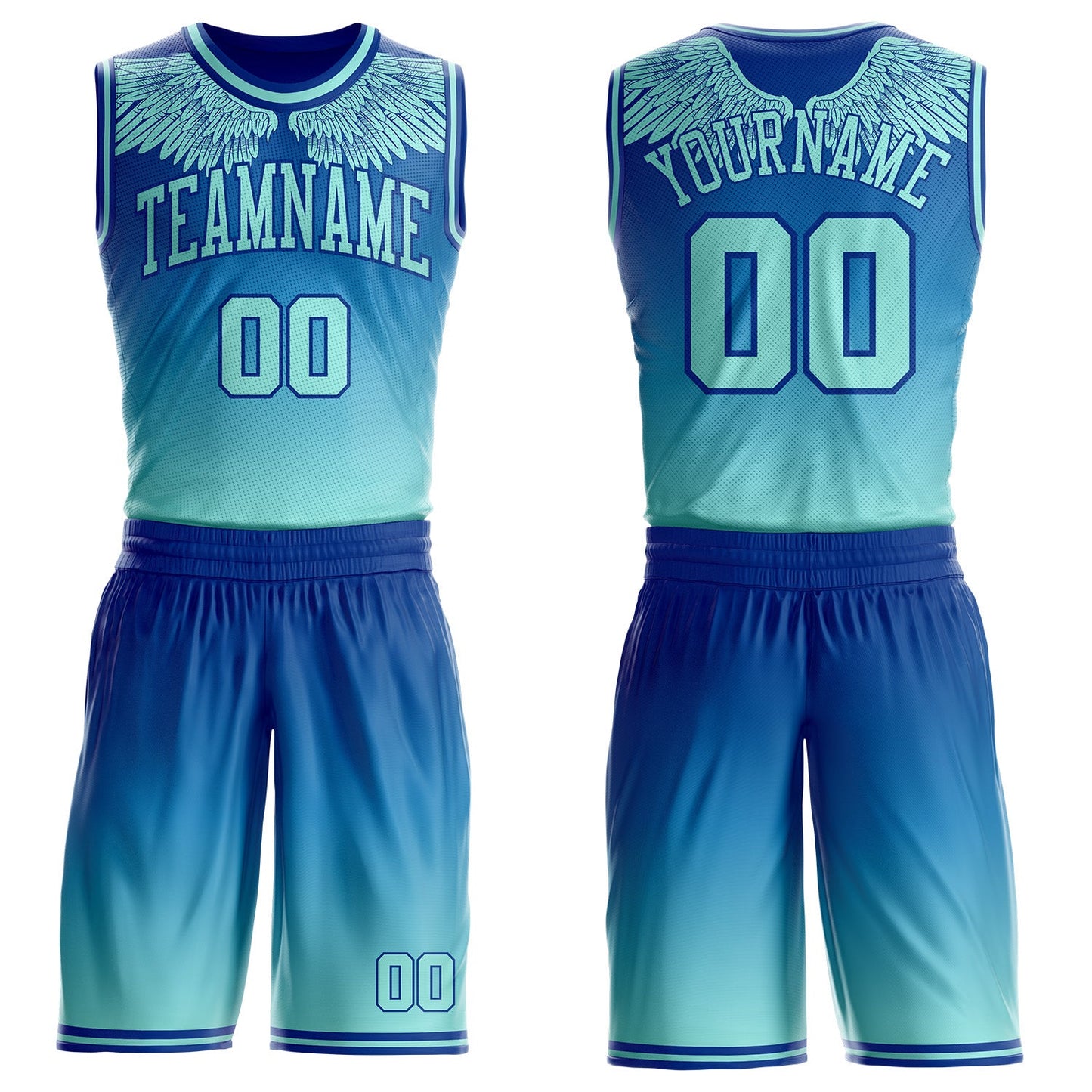 Custom Royal-Ice Blue Gradient Feather Wing Boho Style Round Neck Sublimation Basketball Uniform Jersey