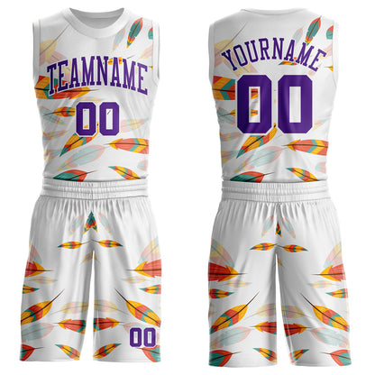Custom White-Purple Feather Boho Style Round Neck Sublimation Basketball Uniform Jersey