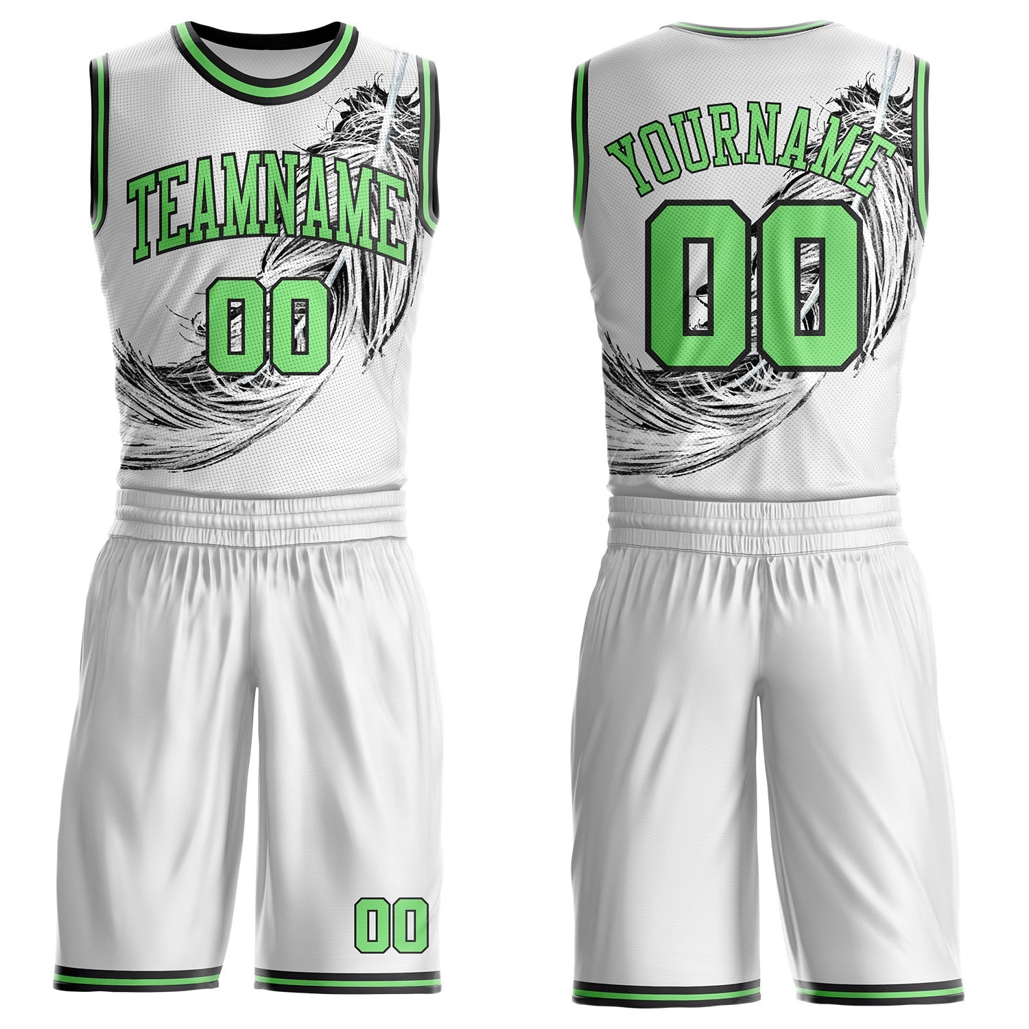 Custom White Pea Green-Black Feather Boho Style Round Neck Sublimation Basketball Uniform Jersey
