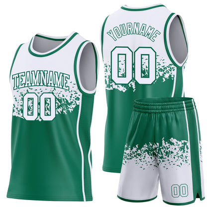 Custom White-Kelly Green Shattered Geometric Side Panel Stripe Round Neck Sublimation Basketball Set Jersey