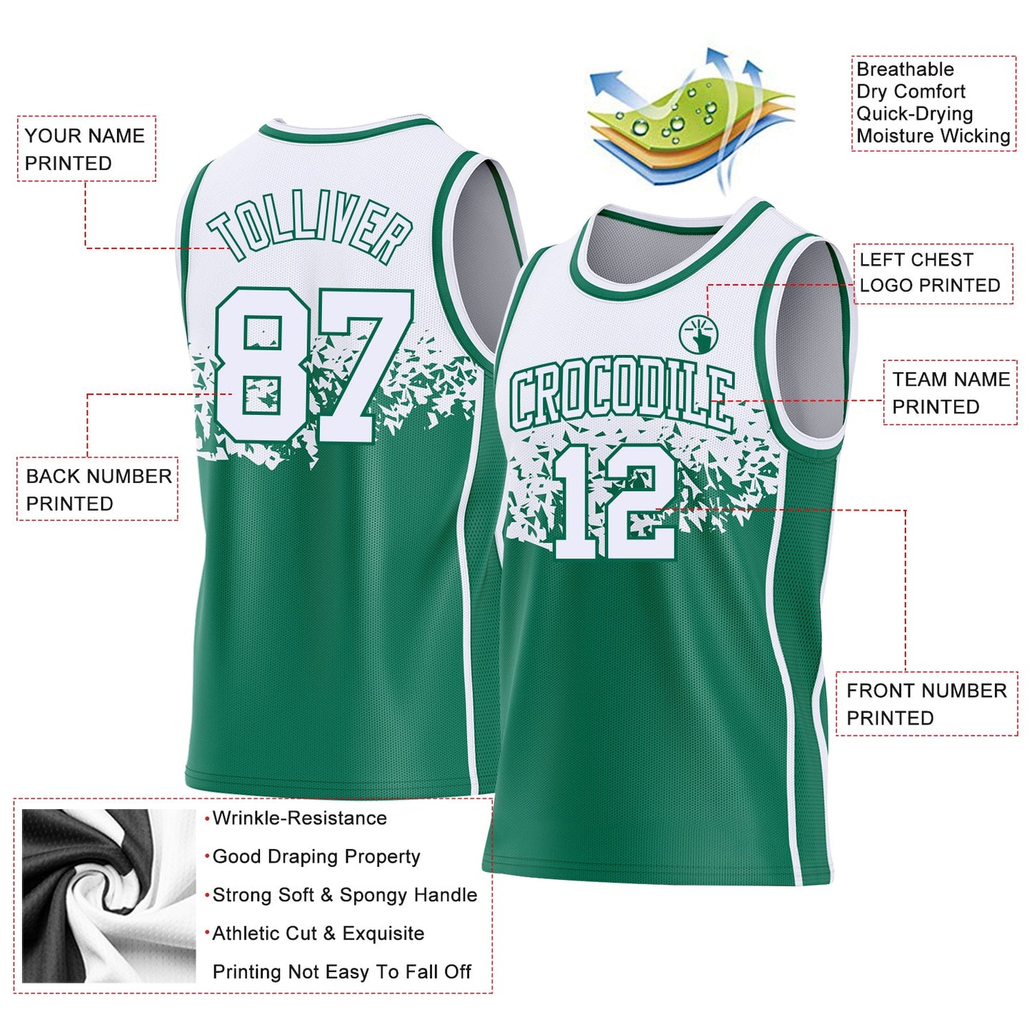 Custom White-Kelly Green Shattered Geometric Side Panel Stripe Round Neck Sublimation Basketball Set Jersey