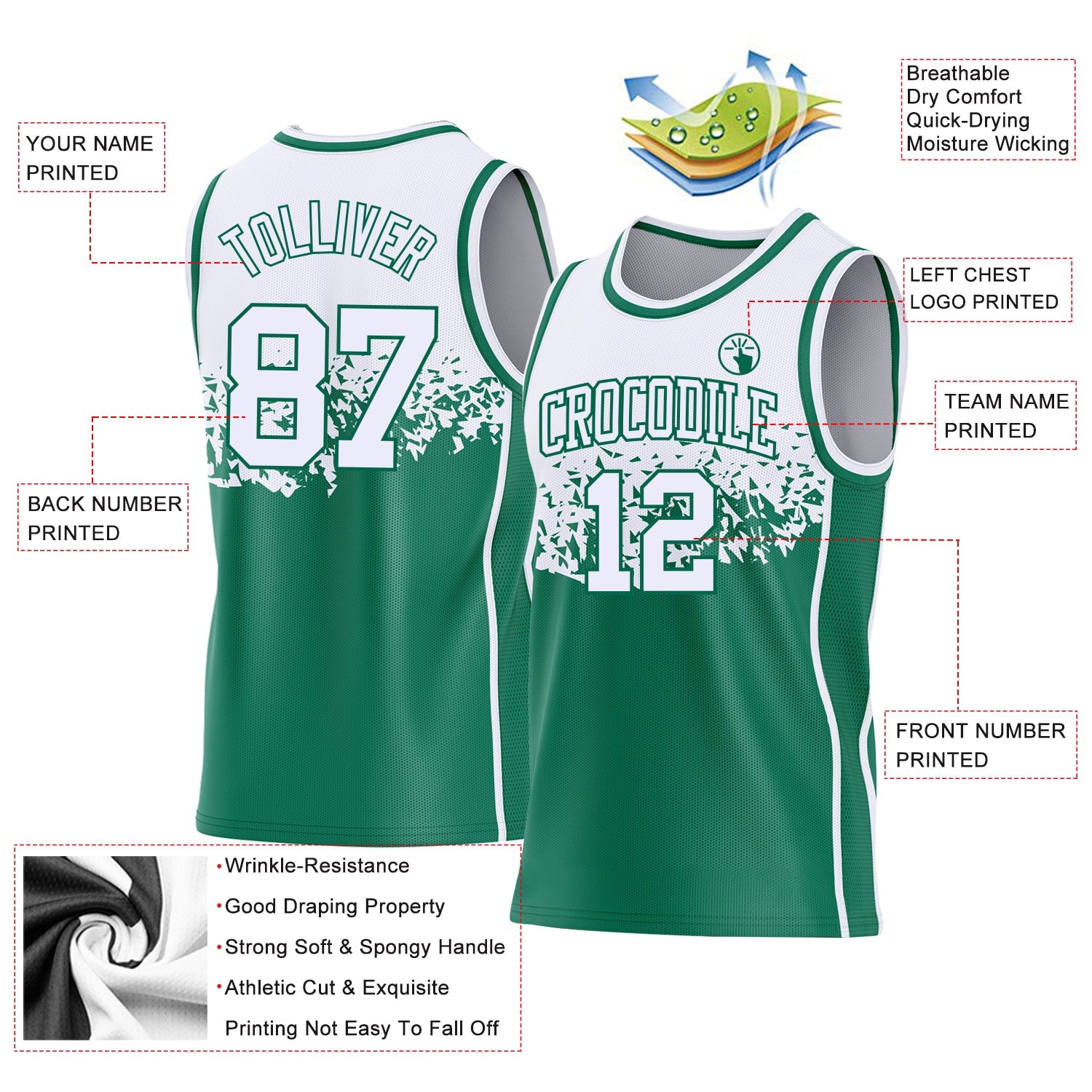 Custom White-Kelly Green Shattered Geometric Side Panel Stripe Round Neck Sublimation Basketball Set Jersey
