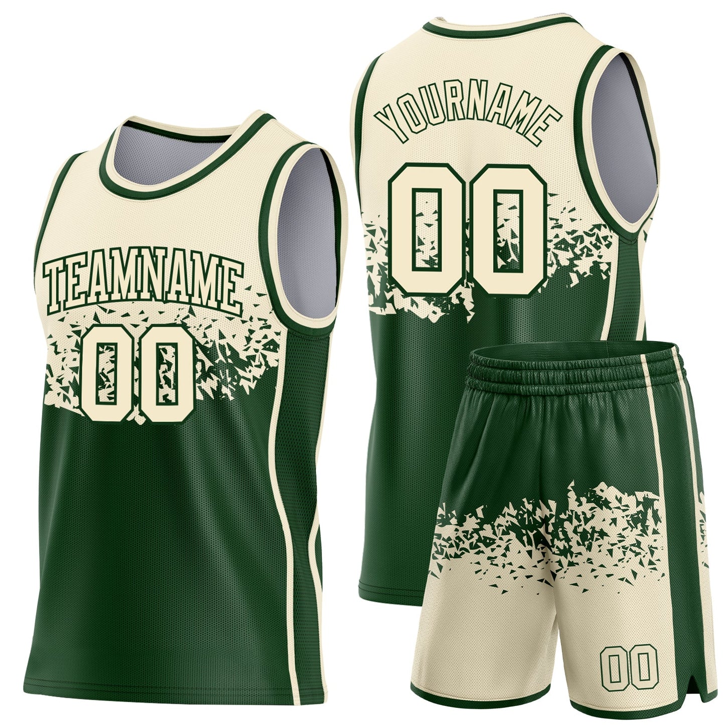Custom Cream-Green Shattered Geometric Side Panel Stripe Round Neck Sublimation Basketball Set Jersey