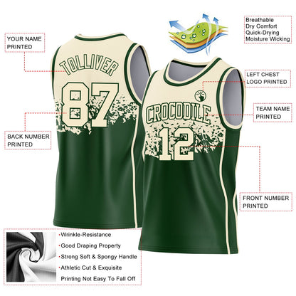 Custom Cream-Green Shattered Geometric Side Panel Stripe Round Neck Sublimation Basketball Set Jersey