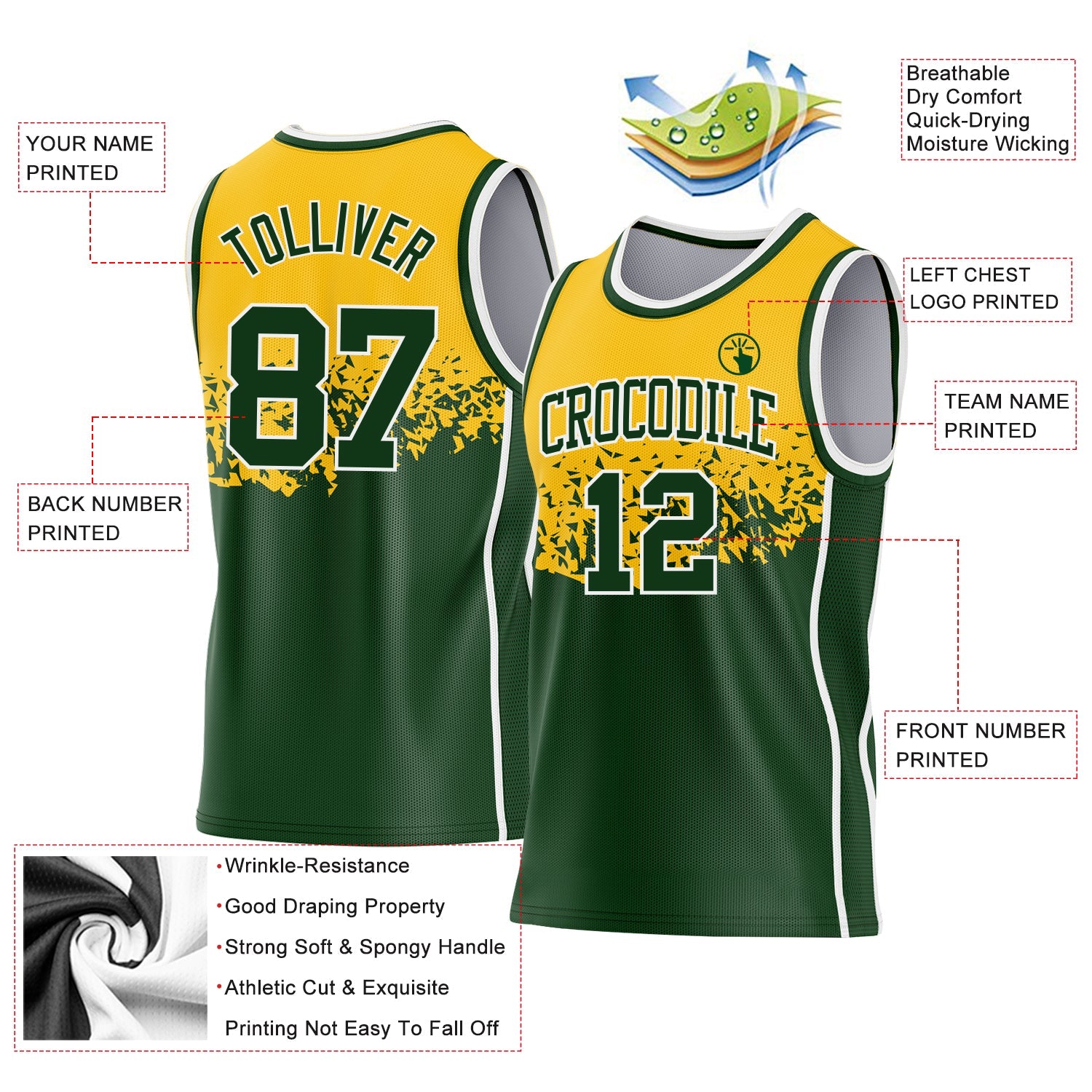 Custom Gold Green-White Shattered Geometric Side Panel Stripe Round Neck Sublimation Basketball Set Jersey