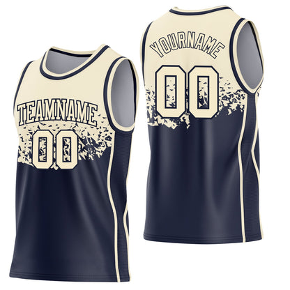 Custom Cream-Navy Shattered Geometric Side Panel Stripe Round Neck Sublimation Basketball Set Jersey
