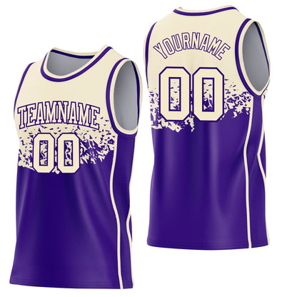 Custom Cream-Purple Shattered Geometric Side Panel Stripe Round Neck Sublimation Basketball Set Jersey