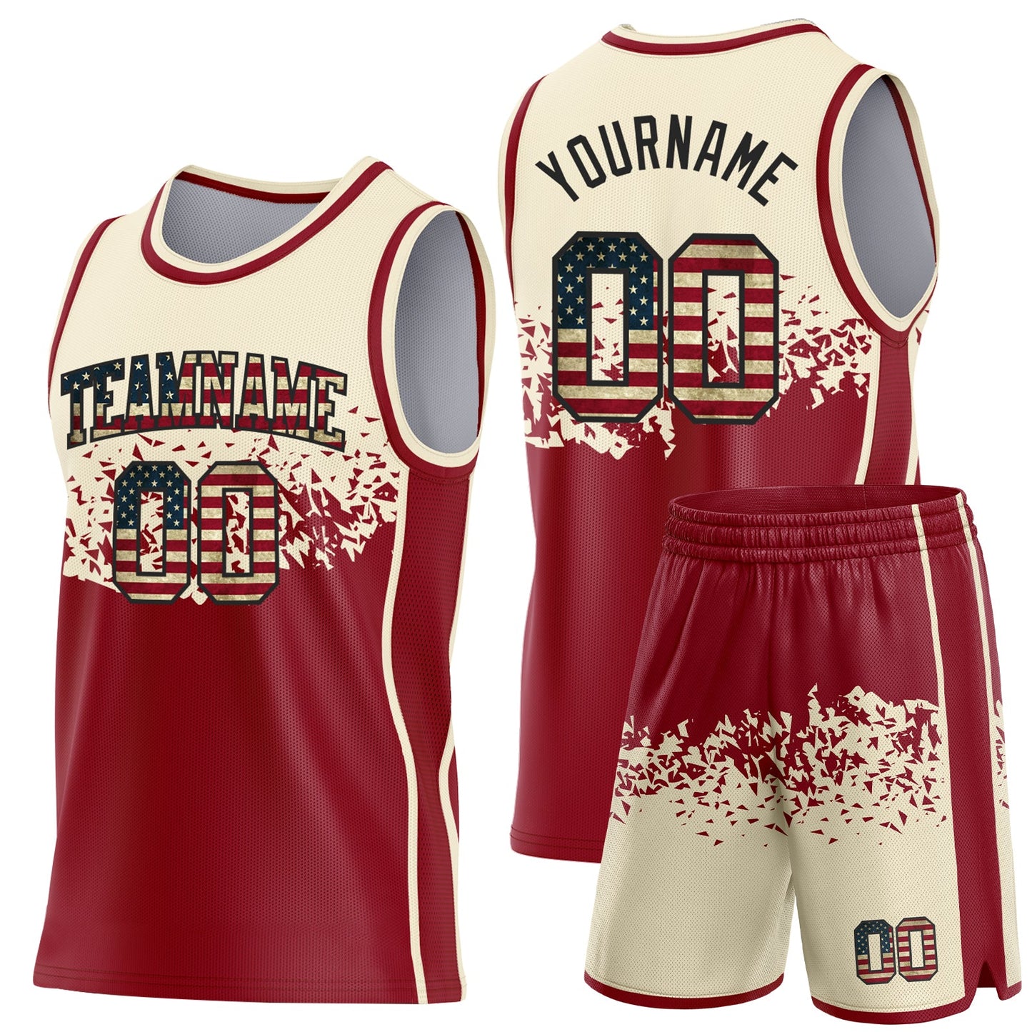 Custom Cream Vintage USA Flag Maroon-Black Shattered Geometric Side Panel Stripe Round Neck Sublimation Basketball Set Jersey