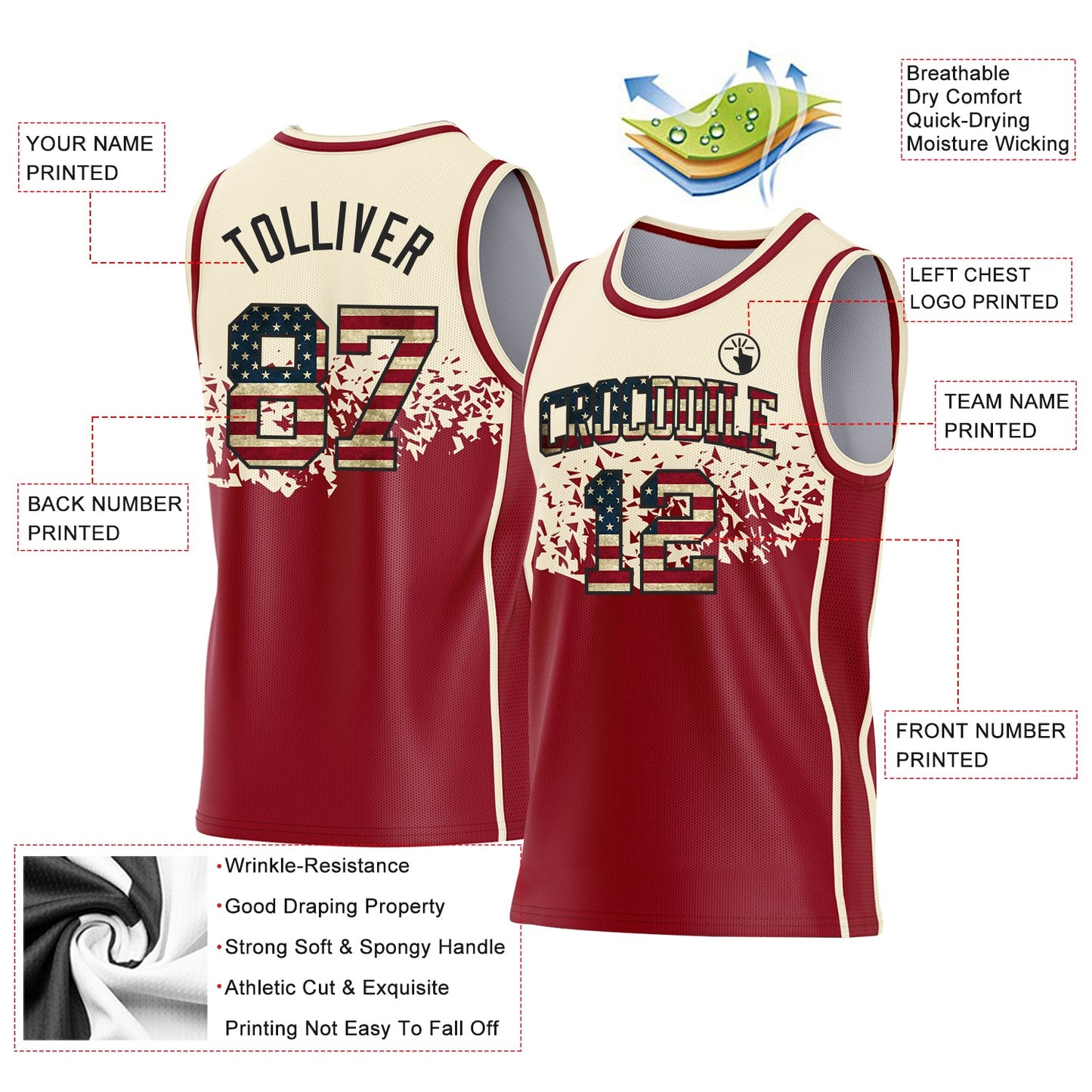Custom Cream Vintage USA Flag Maroon-Black Shattered Geometric Side Panel Stripe Round Neck Sublimation Basketball Set Jersey