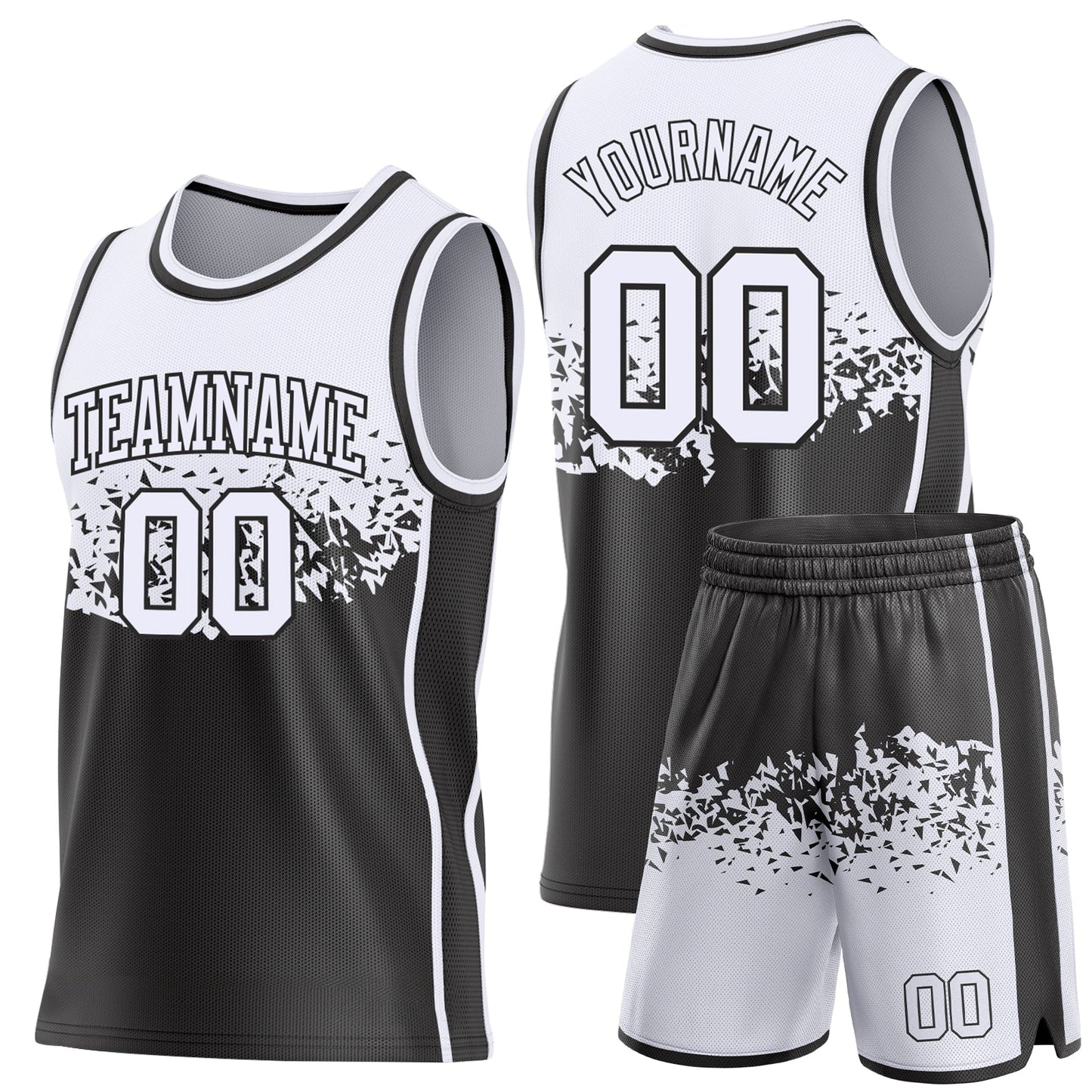 Custom White-Black Shattered Geometric Side Panel Stripe Round Neck Sublimation Basketball Set Jersey