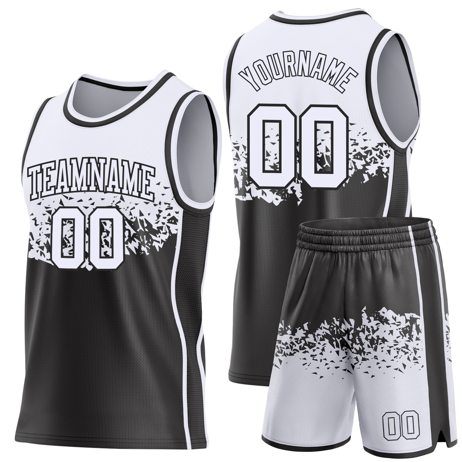 Custom White-Black Shattered Geometric Side Panel Stripe Round Neck Sublimation Basketball Set Jersey