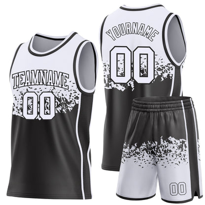 Custom White-Black Shattered Geometric Side Panel Stripe Round Neck Sublimation Basketball Set Jersey