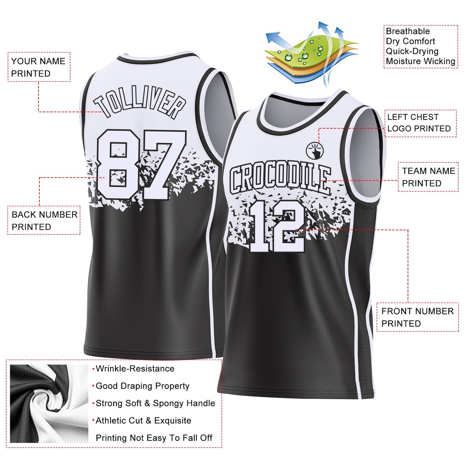 Custom White-Black Shattered Geometric Side Panel Stripe Round Neck Sublimation Basketball Set Jersey