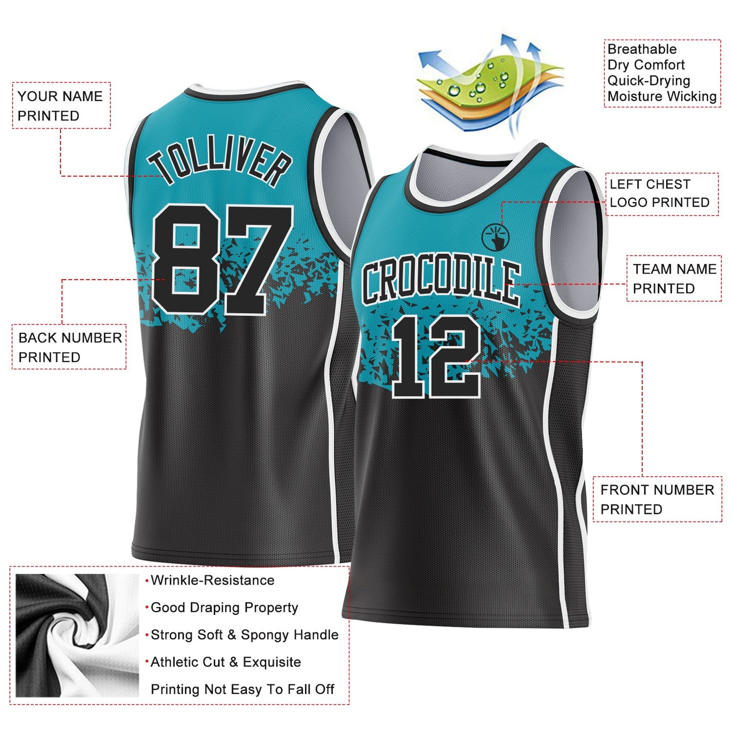 Custom Teal Black-White Shattered Geometric Side Panel Stripe Round Neck Sublimation Basketball Set Jersey