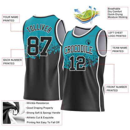 Custom Teal Black-White Shattered Geometric Side Panel Stripe Round Neck Sublimation Basketball Set Jersey