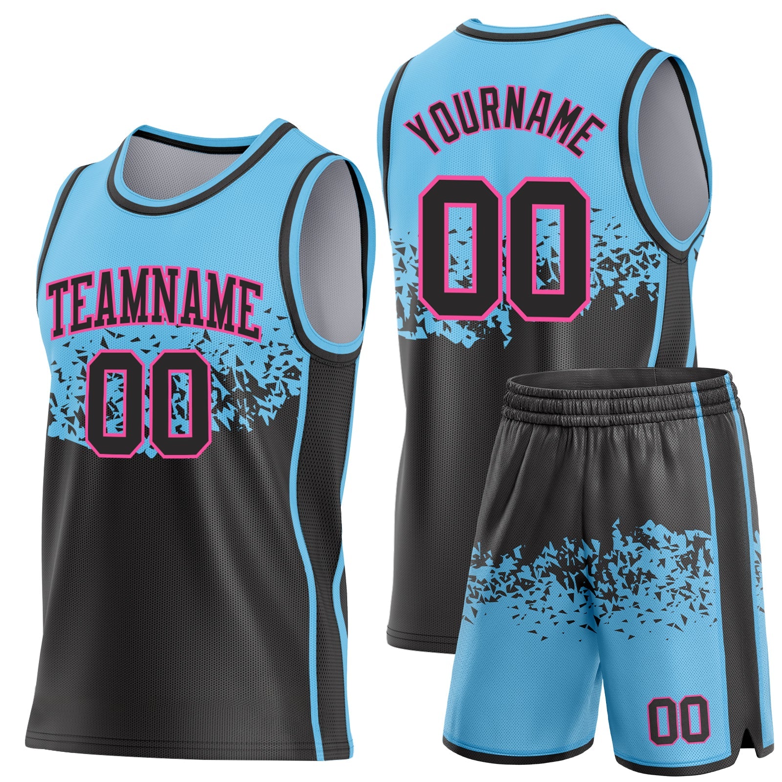 Custom Sky Blue Black-Pink Shattered Geometric Side Panel Stripe Round Neck Sublimation Basketball Set Jersey