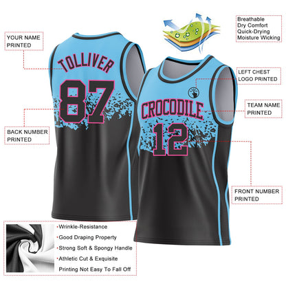 Custom Sky Blue Black-Pink Shattered Geometric Side Panel Stripe Round Neck Sublimation Basketball Set Jersey