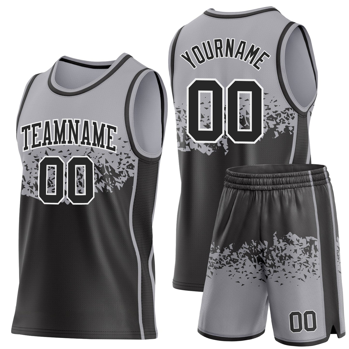 Custom Gray Black-White Shattered Geometric Side Panel Stripe Round Neck Sublimation Basketball Set Jersey