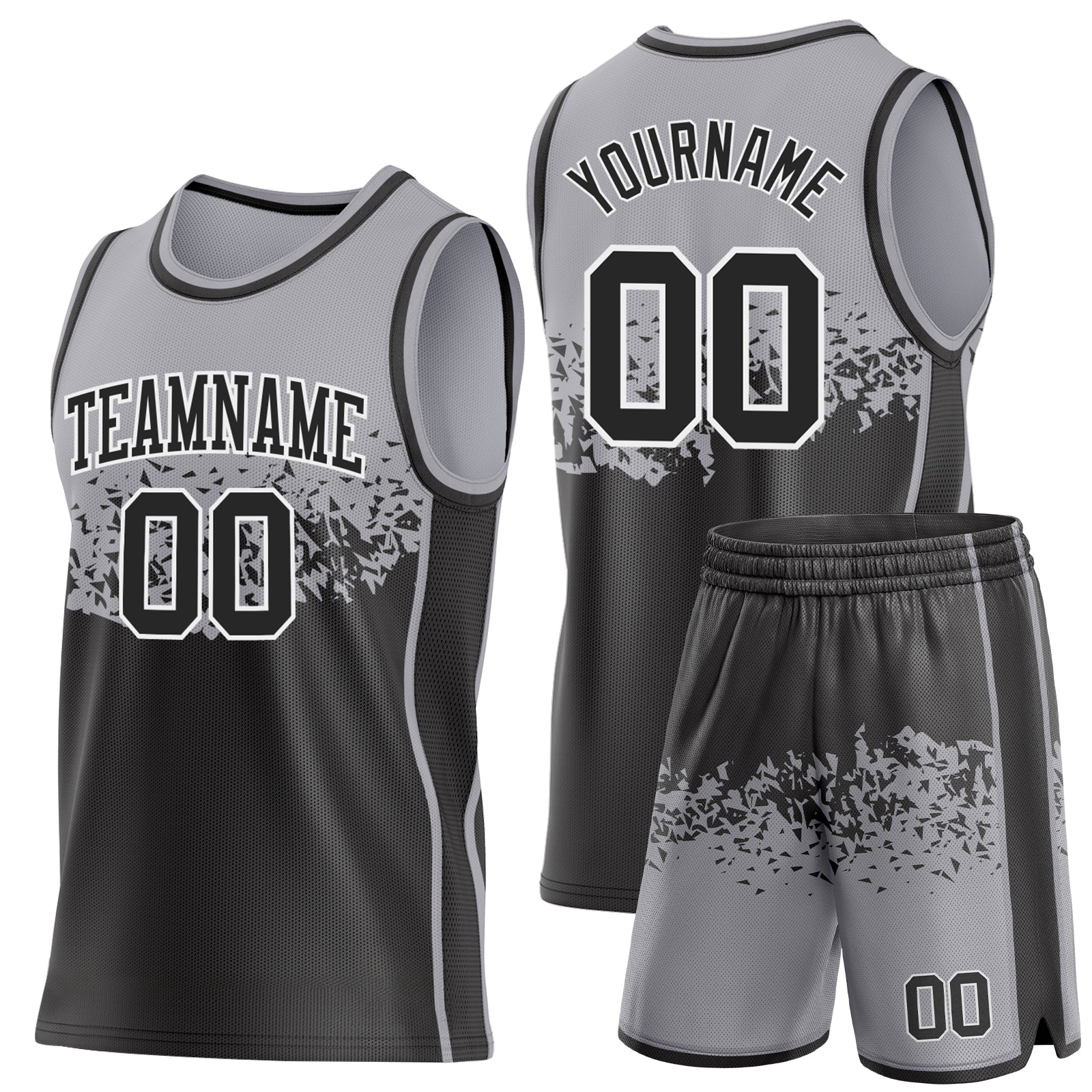 Custom Gray Black-White Shattered Geometric Side Panel Stripe Round Neck Sublimation Basketball Set Jersey