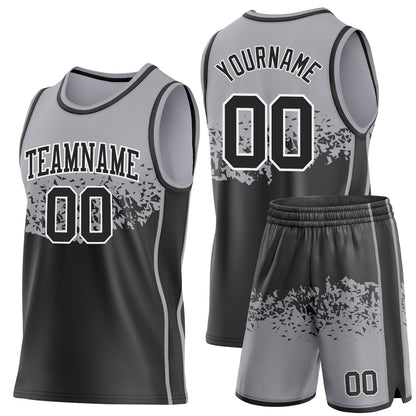 Custom Gray Black-White Shattered Geometric Side Panel Stripe Round Neck Sublimation Basketball Set Jersey