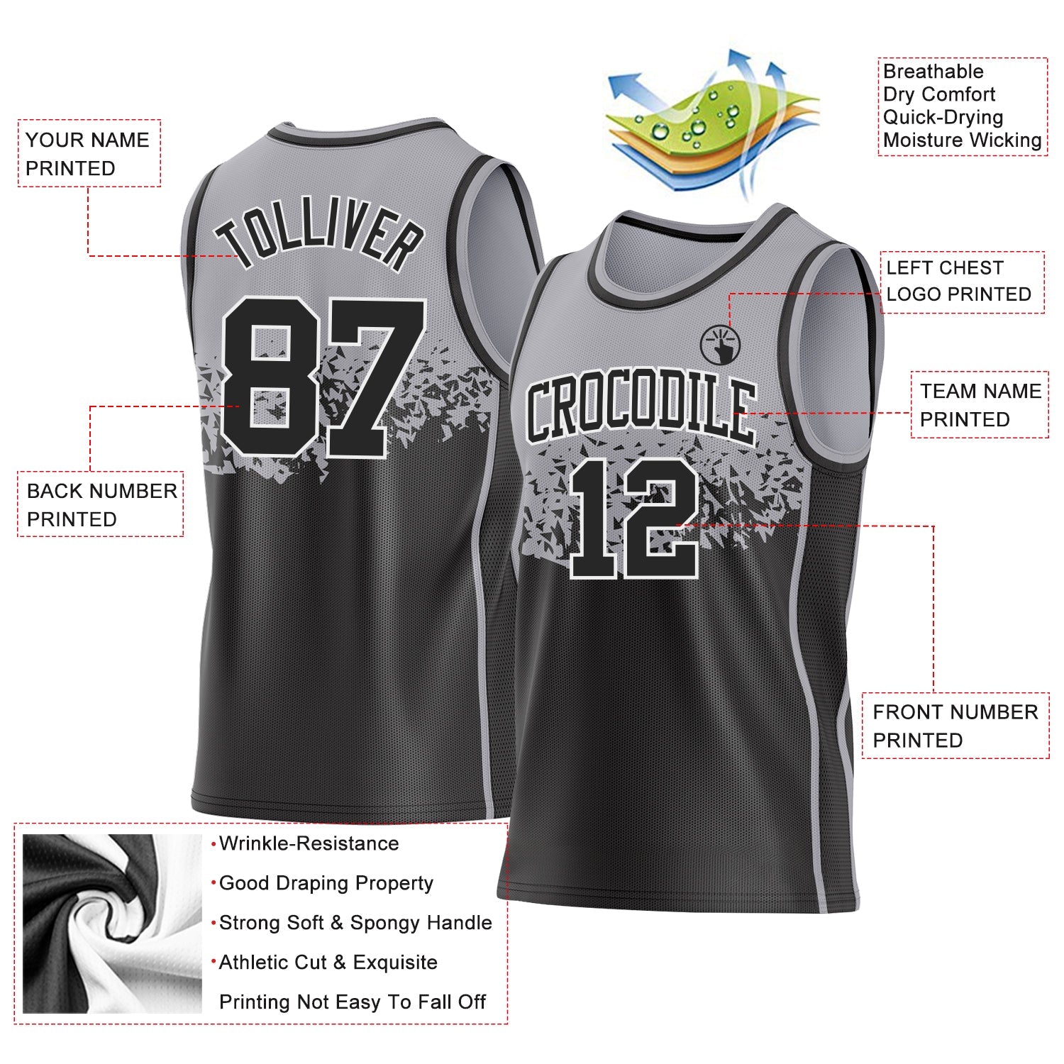 Custom Gray Black-White Shattered Geometric Side Panel Stripe Round Neck Sublimation Basketball Set Jersey